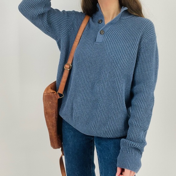 Cotton Henley Waffle Knit Slouchy Oversized Sweater - M - Blue - Picture 3 of 8